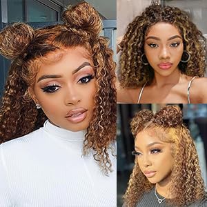 Highlight Ombre Curly Bob Wig Human Hair Glueless Pre Plucked 4/27 5x5 Hd Lace Wear And Go Closure Bob Wigs For Black Women Honey Blonde Short Water Wave Bob Wig Glueless 180% Density 10 Inch