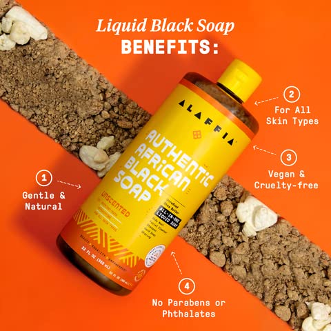 Alaffia Authentic African Black Soap, Unscented, 2-Pack – All-in-One Moisturizing Cleanser for Face, Hands, Body & Hair, 32 Oz Ea