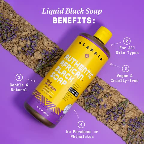 Alaffia Authentic African Black Soap, Wild Lavender, 2-Pack – All-in-One Moisturizing Cleanser for Face, Hands, Body & Hair, 32 Oz Ea