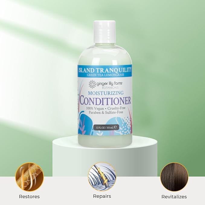 Ginger Lily Farms Botanicals Moisturizing Conditioner for Dry Hair, Island Tranquility, 100% Vegan & Cruelty-Free, Green Tea Lemongrass Scent, 12 Fl Oz