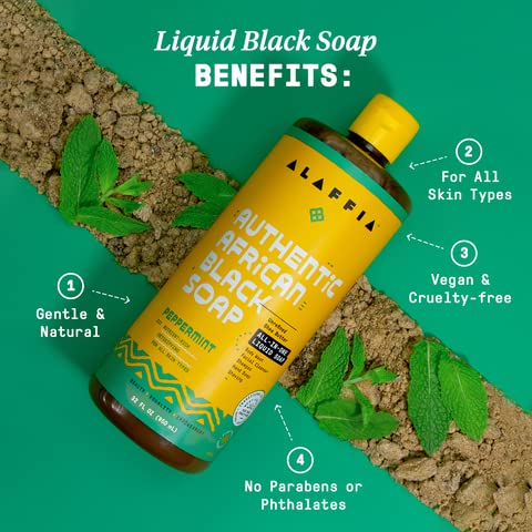 Alaffia African Black Soap Liquid, Peppermint (32 Oz) + Eucalyptus Tea Tree (2 Oz) – All-in-One Moisturizing Cleanser for Face, Hands, Body & Hair