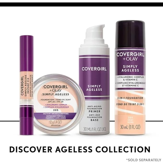 COVERGIRL & Olay Simply Ageless 3-in-1 Liquid Foundation, Matte Finish, Hyaluronic & Vitamin C Formula, 245 Warm Beige, 1 Count
