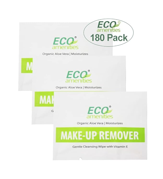 ECO Amenities Aloe Vera and Vitamin E Enriched Makeup Remover Wipes Individually Wrapped Facial Towelettes Skin Cleansing Wipes, 180 Count