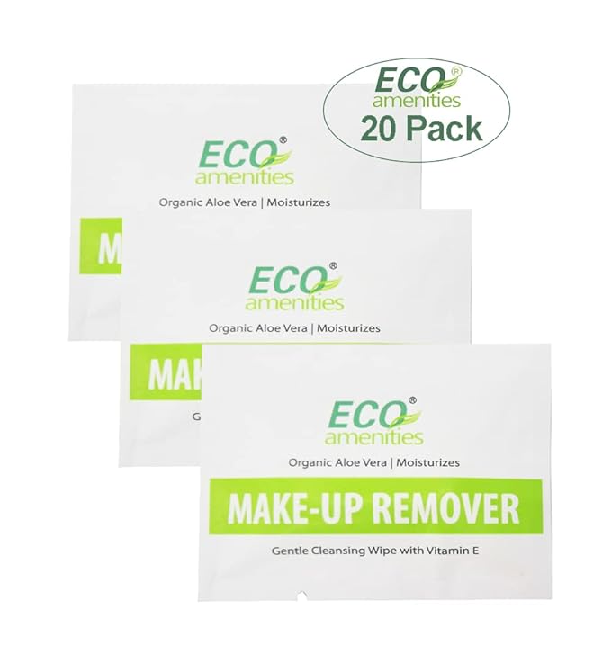 ECO Amenities Aloe Vera and Vitamin E Enriched Makeup Remover Wipes Individually Wrapped Facial Towelettes Skin Cleansing Wipes, 20 Count