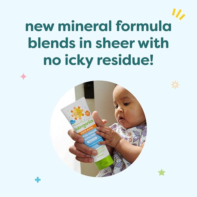 Babyganics SPF 50 Mineral Sunscreen Lotion, Sheer Blend, UVA UVB Protection, Octinoxate & Oxybenzone Free, Water Resistant, Fragrance Free, 8 oz