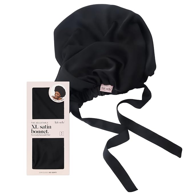 Kitsch XL Satin Bonnet for Sleeping - Softer Than Silk Hair Bonnet for Women - Secure Fit, Adjustable Night Cap for Curly & Textured Hair - Prevents Breakage, Tangles & Thinning - Black