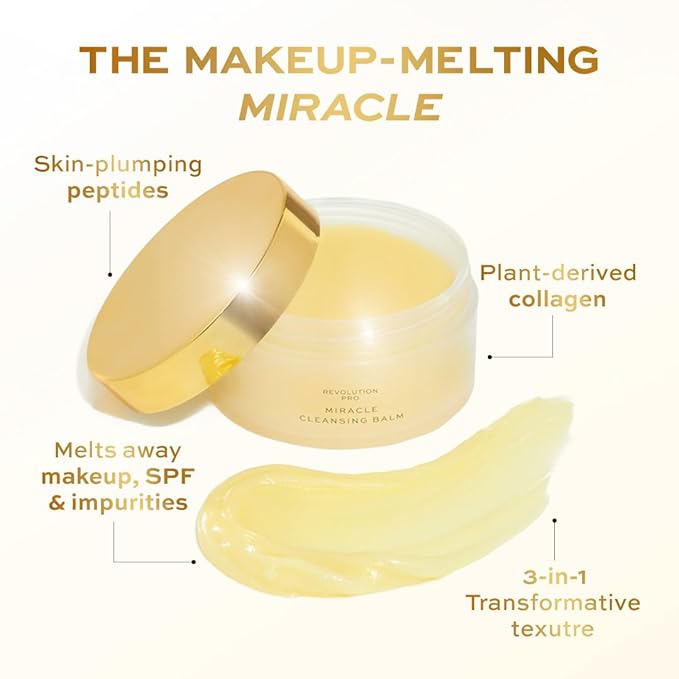 Revolution Pro Miracle Vegan Collagen Cleansing Balm, Hydrating & Nourishing Face Cleanser & Makeup Remover, Vegan & Cruelty-Free, 3.4 oz