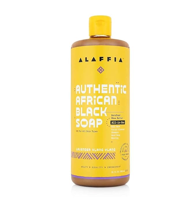 Alaffia Skin Care, Authentic African Black Soap, All in One Body Wash, Face Wash, Shampoo & Shaving Soap with Fair Trade Shea Butter Lavender Ylang Ylang 32 Fl Oz