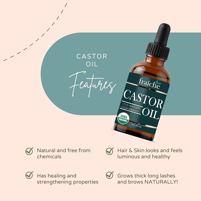 Live Fraiche Organic Castor Oil for Face (2oz) + FREE Filled Mascara Tube, 100% Pure USDA Eyebrow Eyelash Growth Serum, Cold Pressed, Hexane Free Hair Lash Serum