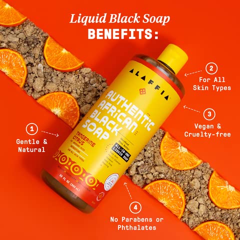 Alaffia Authentic African Black Soap, Tangerine Citrus, 2-Pack – All-in-One Moisturizing Cleanser for Face, Hands, Body & Hair, 32 Oz Ea
