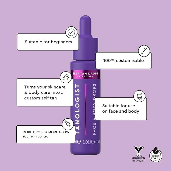 Tanologist Extra Dark Self Tan Drops, Streak-Free Body & Face Tanning Drops, For Moisturizer & Lotion, Natural Face Tanner, Skincare Ingredients, 1.01 fl. oz/30 ml Bottle