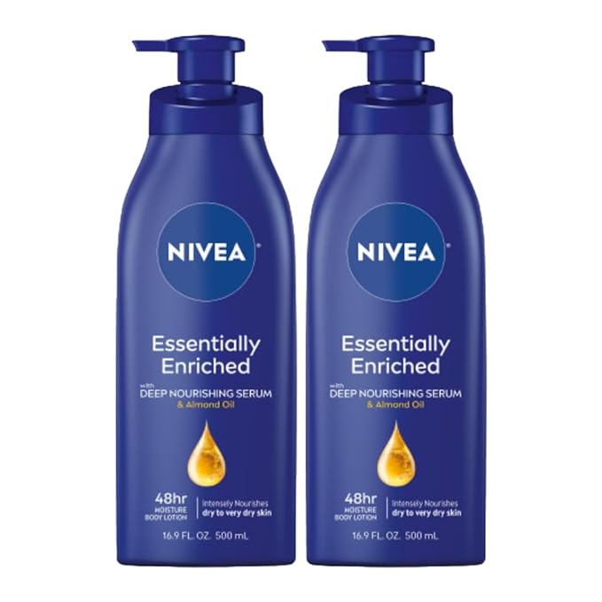 NIVEA Essentially Enriched Body Lotion for Very Dry Skin with Hyaluronic Acid, Almond Oil and Deep Nourishing Serum, 72-Hour Body Moisturizer, 16.9 Fl Oz Pump Bottle, Pack of 2