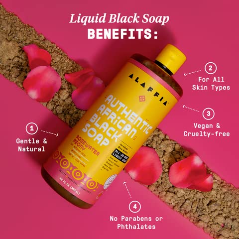 Alaffia Authentic African Black Soap, Rosewater Peony, 2-Pack – All-in-One Moisturizing Cleanser for Face, Hands, Body & Hair, 32 Oz Ea