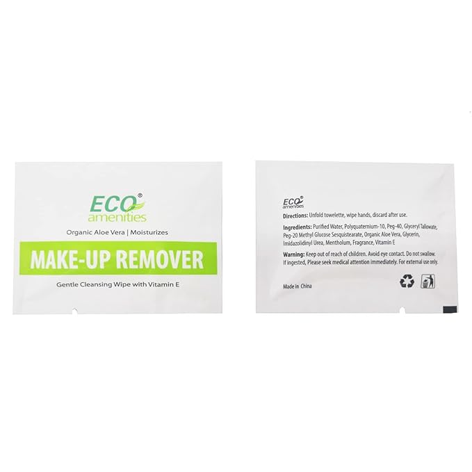 ECO Amenities Aloe Vera and Vitamin E Enriched Makeup Remover Wipes Individually Wrapped Facial Towelettes Skin Cleansing Wipes, 20 Count