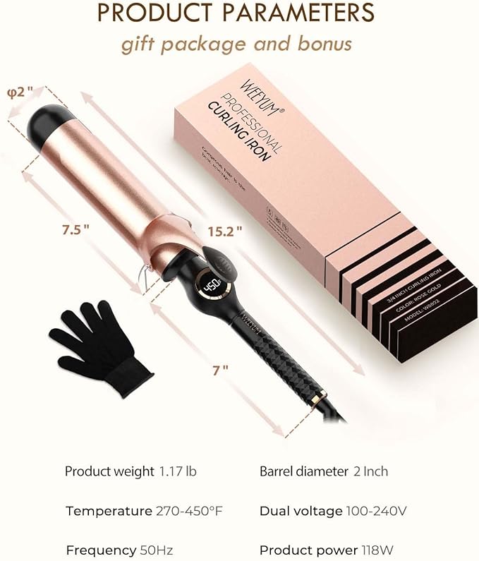 Curling Iron 2 Inch, Large Barrel Curling Wand for Hair, Ceramic Long Barrel Hair Curling Iron Dual Voltage