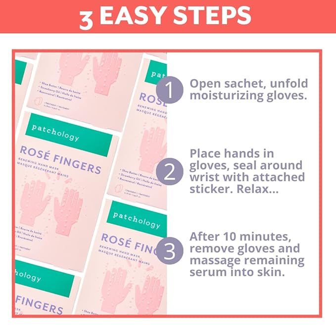 Patchology Rosé Fingers Renewing Hand Mask - Strawberry-Scented Moisturizing Gloves with Shea Butter for Dry & Cracked Hands, Repairing Hand Treatment for Baby Soft Skin, Self-Care Essential - 1 Pair