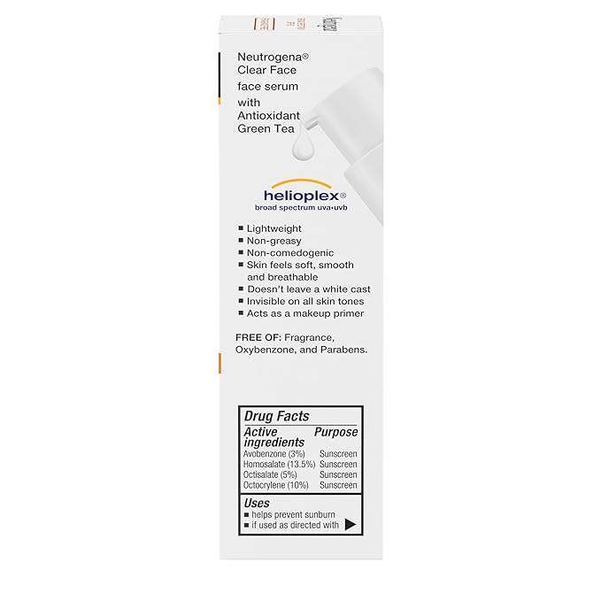 Neutrogena Clear Face Serum Sunscreen with Green Tea, Broad Spectrum SPF 60, Non-Comedogenic Face Sunscreen for Lightweight UVA/UVB Protection, Oxybenzone- & Fragrance-Free, 1.7 fl. oz