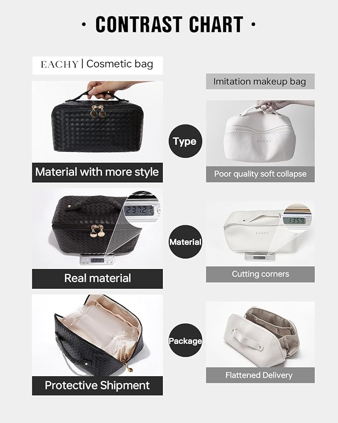 EACHY Travel Makeup Bag,Large Capacity Cosmetic Bags for Women,Waterproof Portable Pouch Open Flat Toiletry Bag Make up Organizer with Divider and Handle