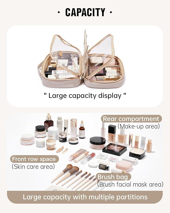 EACHY Travel Makeup Bag,Large Capacity Cosmetic Bags for Women,Waterproof Portable Pouch Open Flat Toiletry Bag Make up Organizer with Divider and Handle