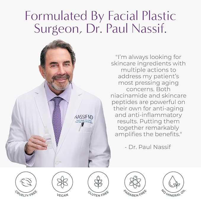NassifMD Niacinamide Serum 10% with Cranberry Biopeptides and Ectoin, Brightening and Hydrating Vitamin B3 Face Serum, Evens Tone, Smooths Texture, Reduces Fine Lines, Boosts Radiance