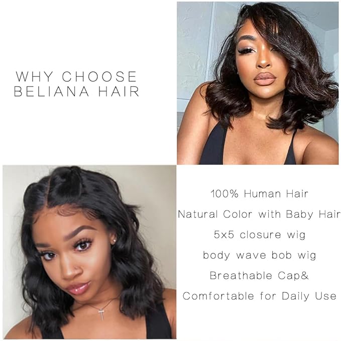 5x5 Bob Wig Human Hair Glueless Wigs Human Hair Pre Plucked HD Lace Closure Wigs Human Hair 180% Density Short Body Wave Bob Wigs for Black Women 12 inch