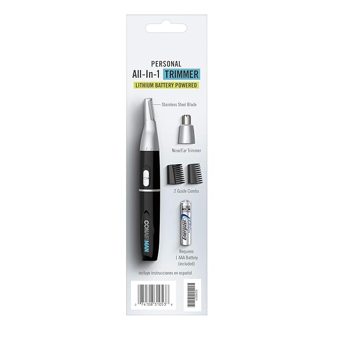 ConairMAN All-in-One Personal Trimmer for Men, for Nose, Ear, Eyebrows and Sideburns Hair Trimmer, 4 piece Men's Grooming Kit, Lithium Battery-Powered