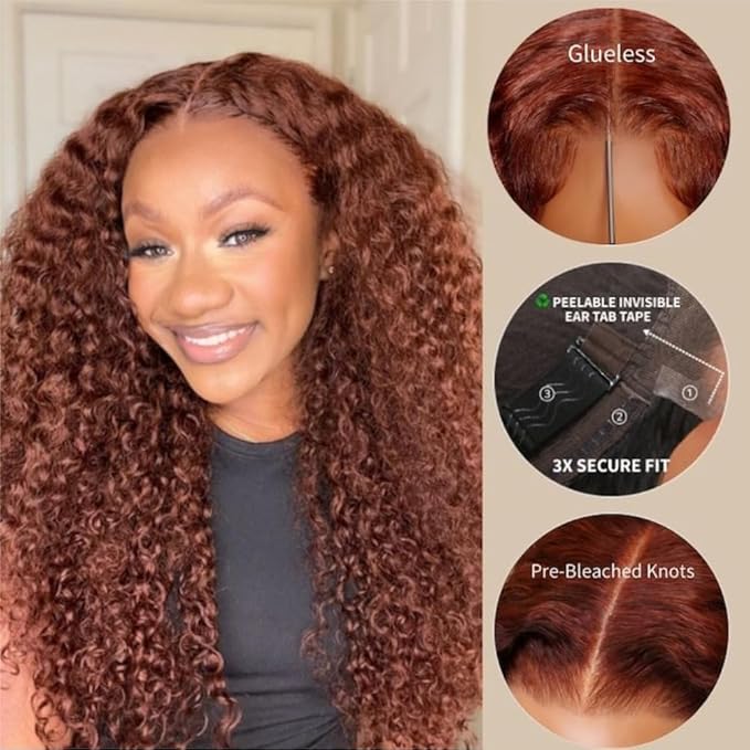 Beauty Forever Pre-Everything Glueless Frontal Wig 13x4 Reddish Brown Curly Pre Cut Lace Front Wigs Bye Bye Knots Put on and Go HD Lace Human Hair Wig Pre-Bleached Knots 150% Density 22 Inch