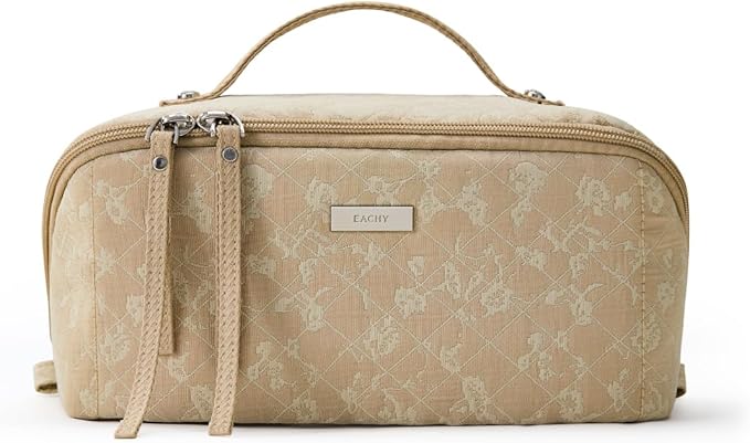 EACHY Travel Makeup Bag,Large Capacity Cosmetic Bags for Women,Waterproof Portable Pouch Open Flat Toiletry Bag Make up Organizer with Divider and Handle