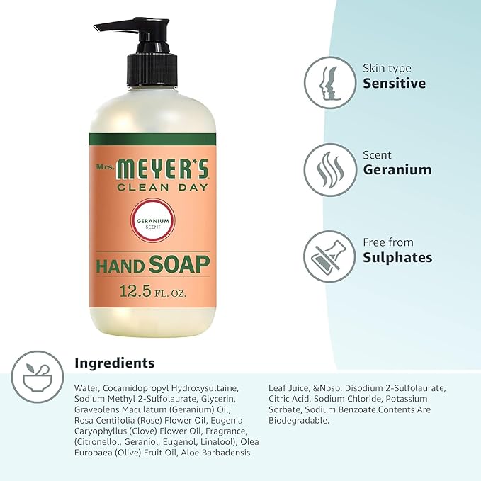 MRS. MEYER'S CLEAN DAY Hand Soap, Geranium, Made with Essential Oils, 12.5 oz- Pack of 2