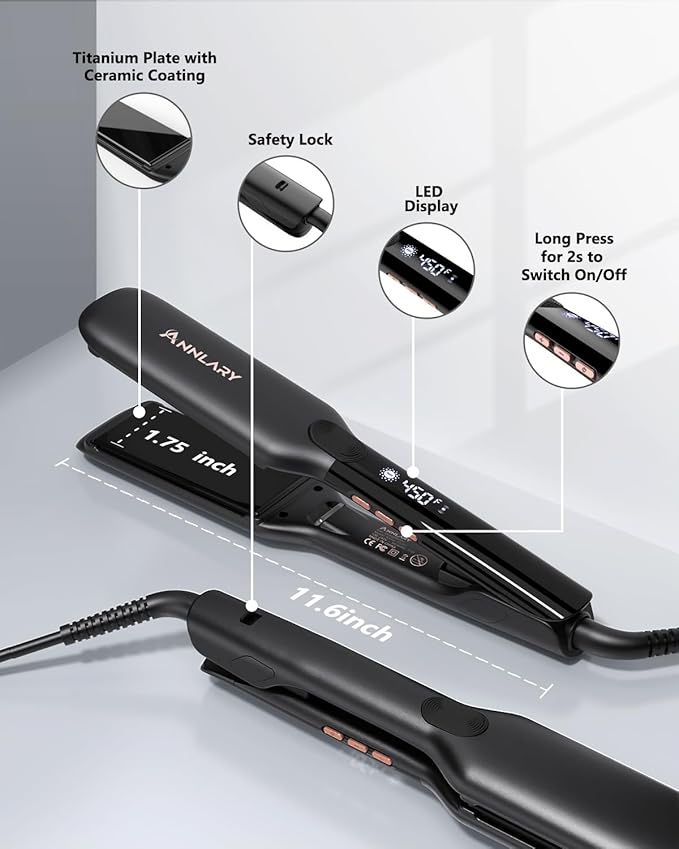 1.75 Inch Hair Straightener, Professional Titanium Plate with Ceramic Coating Ionic Dual Voltage Flat Iron with Anti-Iron Silicone for Less Frizz, Shinier & Smoother Hair