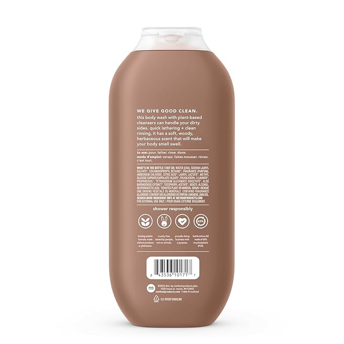 Method Men Body Wash, Sandalwood + Vetiver, Paraben and Phthalate Free, 18 FL Oz (Pack of 6)