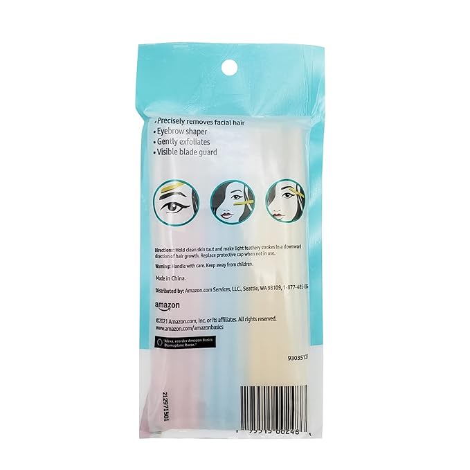 Amazon Basics Women's Multipurpose Exfoliating Dermaplaning Tool, Eyebrow & Facial Razor, Includes Blade Cover, Multicolor, 9 Count