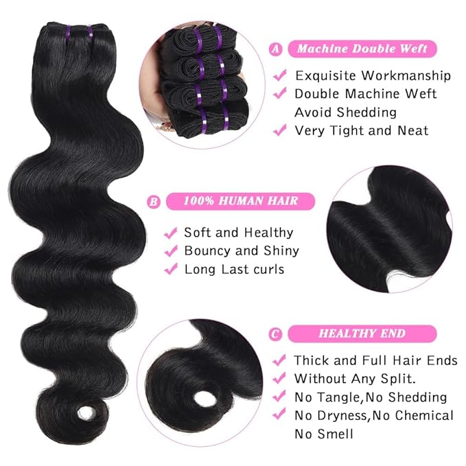 Beauty Queen 3 Bundles Human Hair Body Wave (20 20 20 Inch) 16A Grade Unprocessed Brazilian Sew In Thick Hair Bundles Virgin Hair Extensions Natural Color