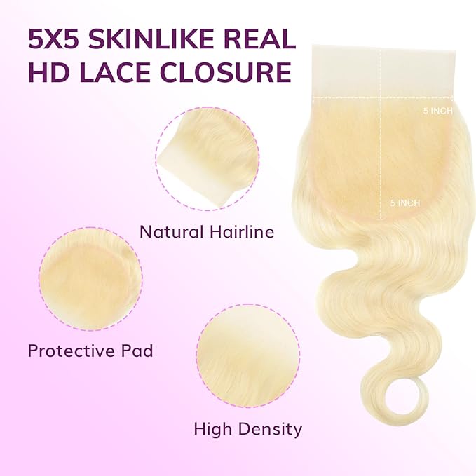 IDN BEAUTY SKINLIKE REAL HD 5X5 Lace Closure Human Hair Scalp-Simulating 0.1mm Ultra Thin HD Closure Pre Bleached Single Knots Pre Plucked Clean Natural Hairlin #613 Blonde BW 20 Inch