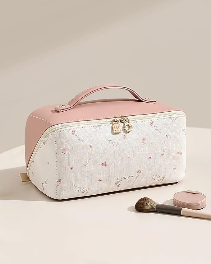 EACHY Travel Makeup Bag,Large Capacity Cosmetic Bags for Women,Waterproof Portable Pouch Open Flat Toiletry Bag Make up Organizer with Divider and Handle
