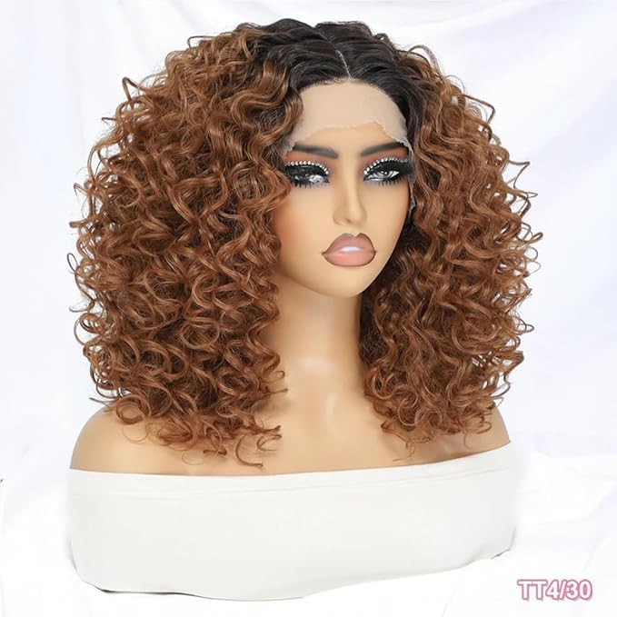 Felek 16inch Curly Middle Part Lace Front Wigs Mixed Honey Blonde Jerry Curl Wig T Lace Front Synthetic Pre-Plucked Deep Curly Lace Wigs For Black Women (T4/30)