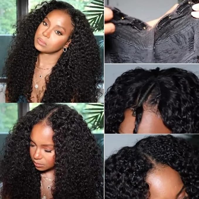Beauty Forever Small Cap Curly V Part Wig Human Hair No Leave Out Lace Front Wigs No Glue No Gel Upgraded U Part Wigs For Women, 10A Grade Glueless Wig Wear And Go Beginner Friendly 5X2.5 Inch Lace Wig 150% Density Natural Color 24 Inch