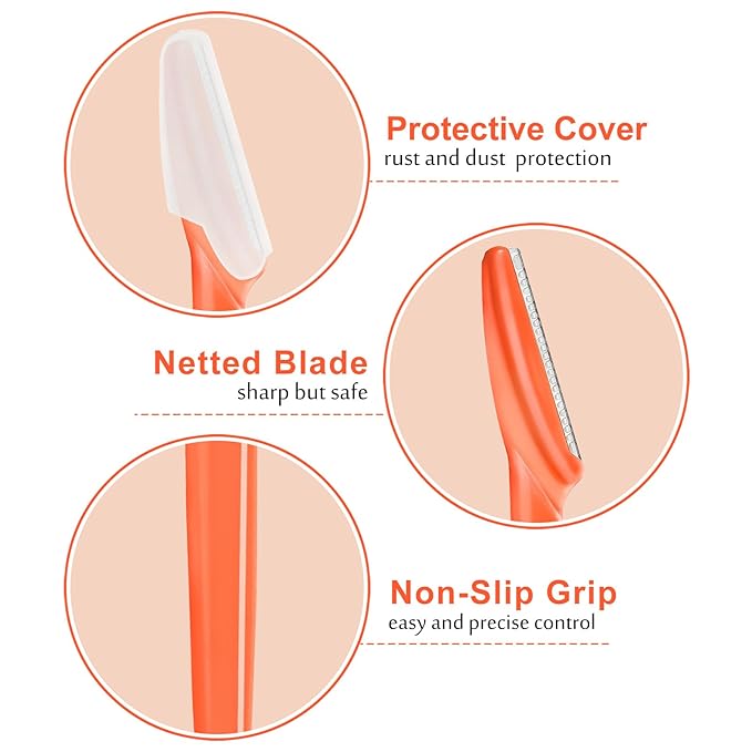 12 Pcs Eyebrow Razors, Face Razors Multipurpose, Exfoliating Dermaplaning Tools, Eyebrow Trimmers Shaver with Safety Cover, Facial Hair Removal for Women Men Body Use (Orange-red)