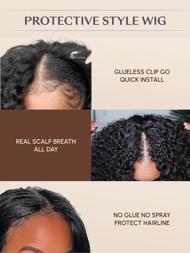 Beauty Forever V Part Curly Wig Human Hair EasiContour Vpart Wigs No Leave Out Glueless Upgraded U Part Wigs for Women Clip In Half Wig None Lace Front Wigs Natural Color 150% Density 14inch