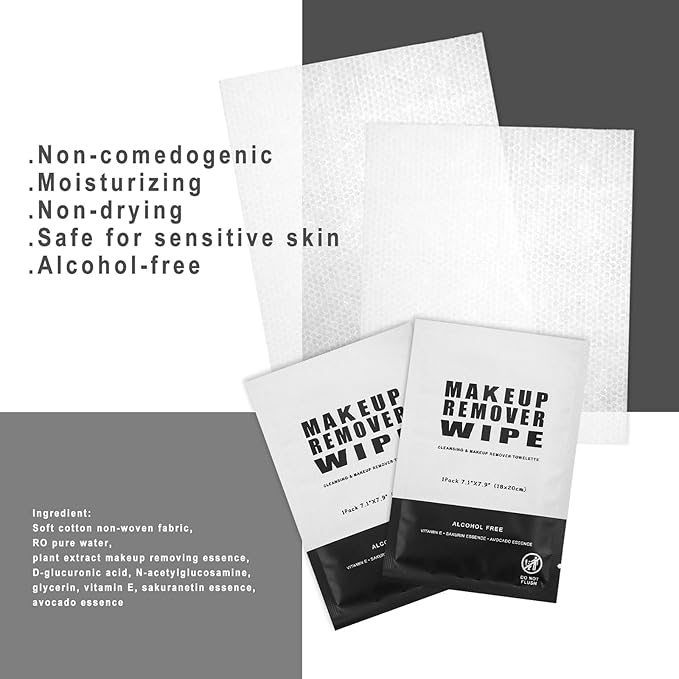 50 pcs Makeup Remover Wipes Bulk Individually Wrapped Makeup Wipes Single Makeup Remover Cloth Facial Cleansing Pads for Mascara Lipstick Oil Dirt Face Skin Travel Hotel (Black)