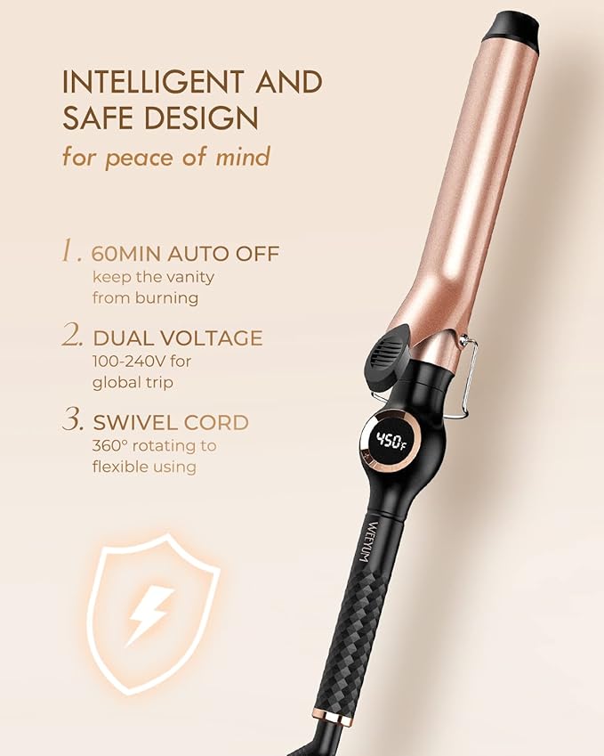 WEEYUM 1 1/4 Inch Ceramic Tourmaline Hair Curling Iron, Long Barrel Curling Wand, Double Voltage(100-240V)
