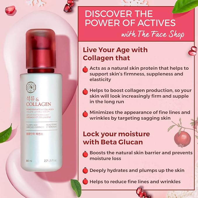 The Face Shop Pomegranate & Collagen Volume Lifting Serum - Helps Skin Look Firm & Supple - Reduces Fine Lines & Wrinkles - Improves Elasticity - Hydrating Lightweight Face Serum - Korean Skin Care