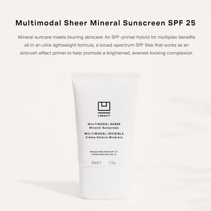 U Beauty Multimodal Sheer Facial Mineral Sunscreen SPF 25 with Non-Nano Zinc Oxide SPF Filter, plus Clary Sage and Pongamia Pinnata Seed Extracts for Brighter-Looking Skin with an Airbrush Finish