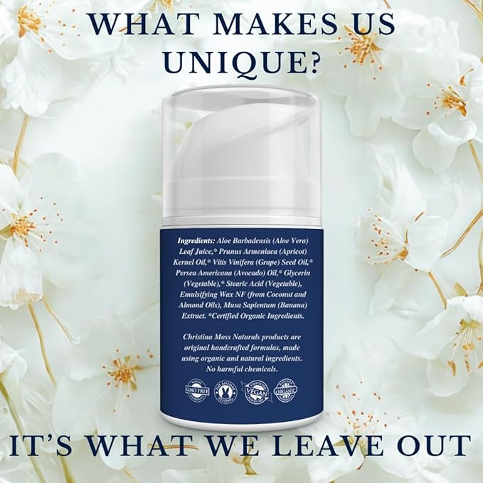 Christina Moss Naturals Unscented Moisturizer, Natural and Organic Ingredients, Gentle, No Toxic Chemicals