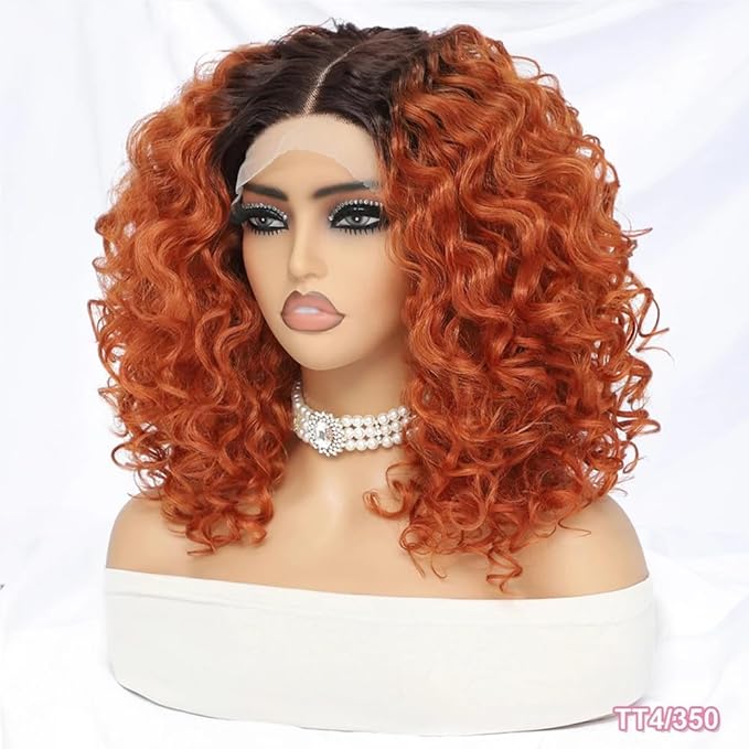 Felek 16inch Curly Lace Front Wigs Ginger Orange with Dark Roots Middle Part Jerry Curl Wig T Lace Front Curly Synthetic Glueless Pre-Plucked Deep Curly Wigs For Black Women (T4-350)