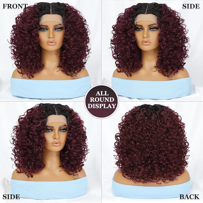 Felek 16inch Curly Lace Front Wigs Middle Part Jerry Curl Wig Ombre Burgundy Color T Lace Front Curly Synthetic Pre-Plucked Deep Curly Wigs For Black Women(T1B/BUG)