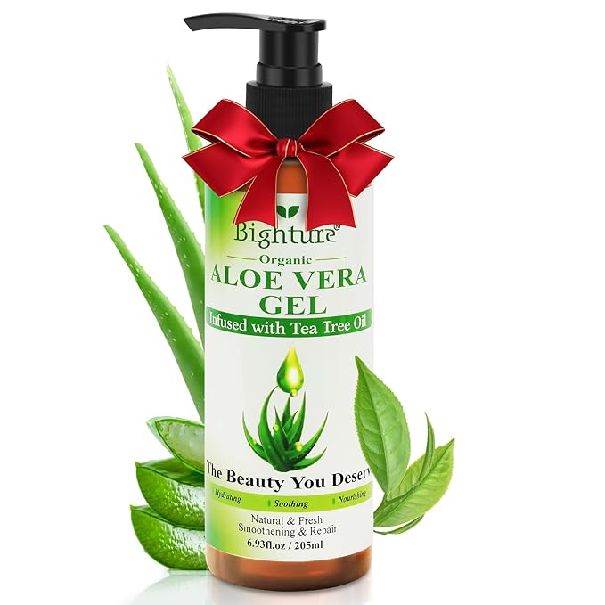 Organic Aloe Vera Gel with Tea Tree Oil for Face & Body, Freshly-cut Aloe Vera Gel Ideal for Skin, Scalp, & Hair Hydration, Calming Moisturizer for Soothing After Sun Care Relief, 6.93 oz
