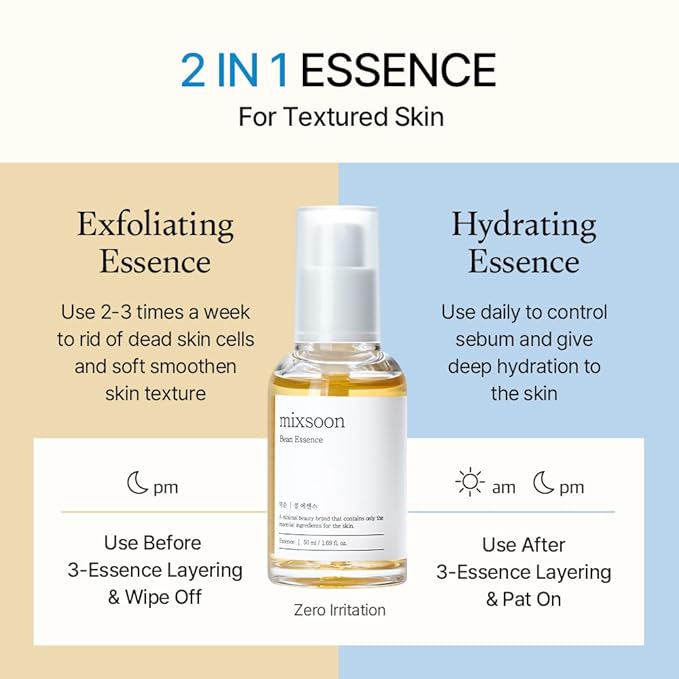 mixsoon Bean Essence Exfoliating Hydrating Korean Skin Care Glass skin Hyaluronic Acid Serum 1.61 Fl Oz (Pack of 1)