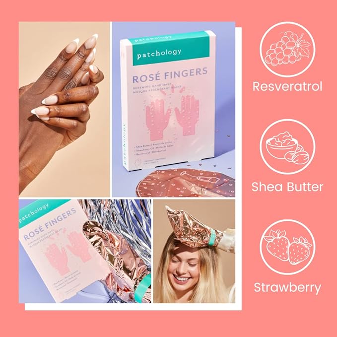 Patchology Rosé Fingers Renewing Hand Mask - Strawberry-Scented Moisturizing Gloves with Shea Butter for Dry & Cracked Hands, Repairing Hand Treatment for Baby Soft Skin, Self-Care Essential - 1 Pair