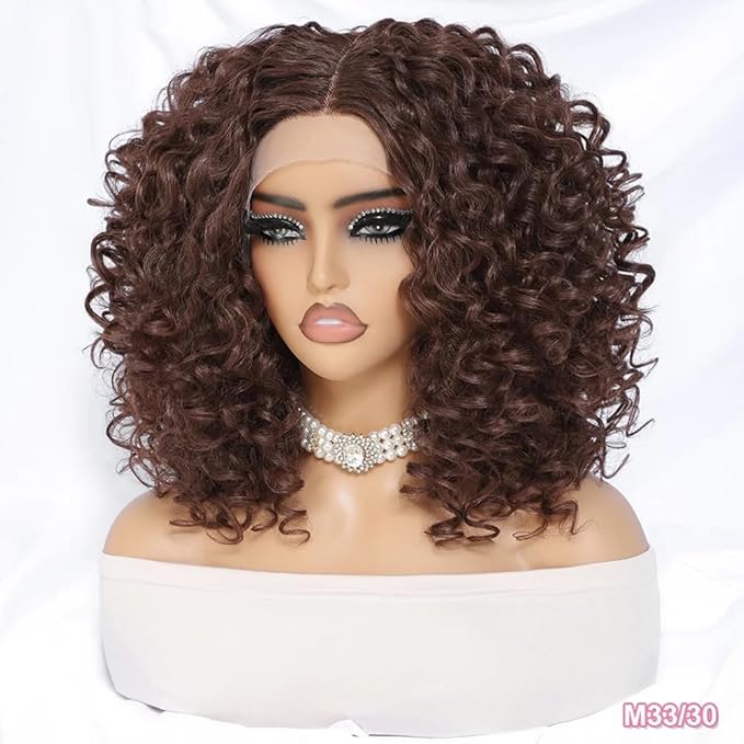Felek 16inch Curly Middle Part Lace Front Wigs Copper Brown Jerry Curl Wig T Lace Front Curly Glueless Synthetic Pre-Plucked Deep Curly Wigs For Black Women (M33/30)